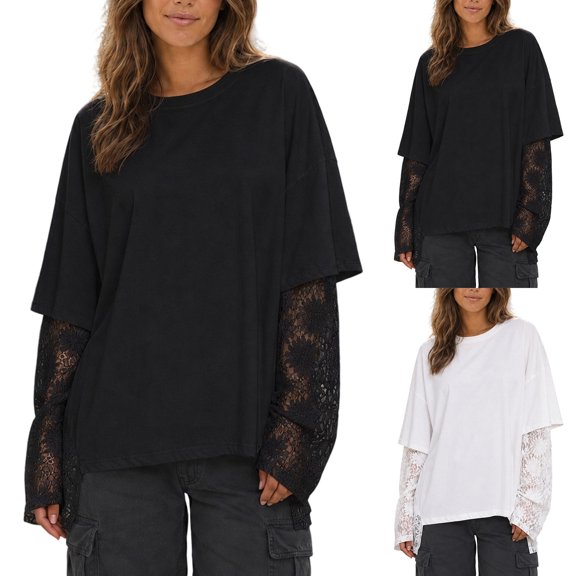 Arlun Women's Lace 2 in 1 Long Sleeve T Shirts Casual Solid Color Classic Crewneck Loose Pullover Tops 2026 Fall Fashion Soft Lightweight Comfort Drop Shoulder Tees 1-White XL