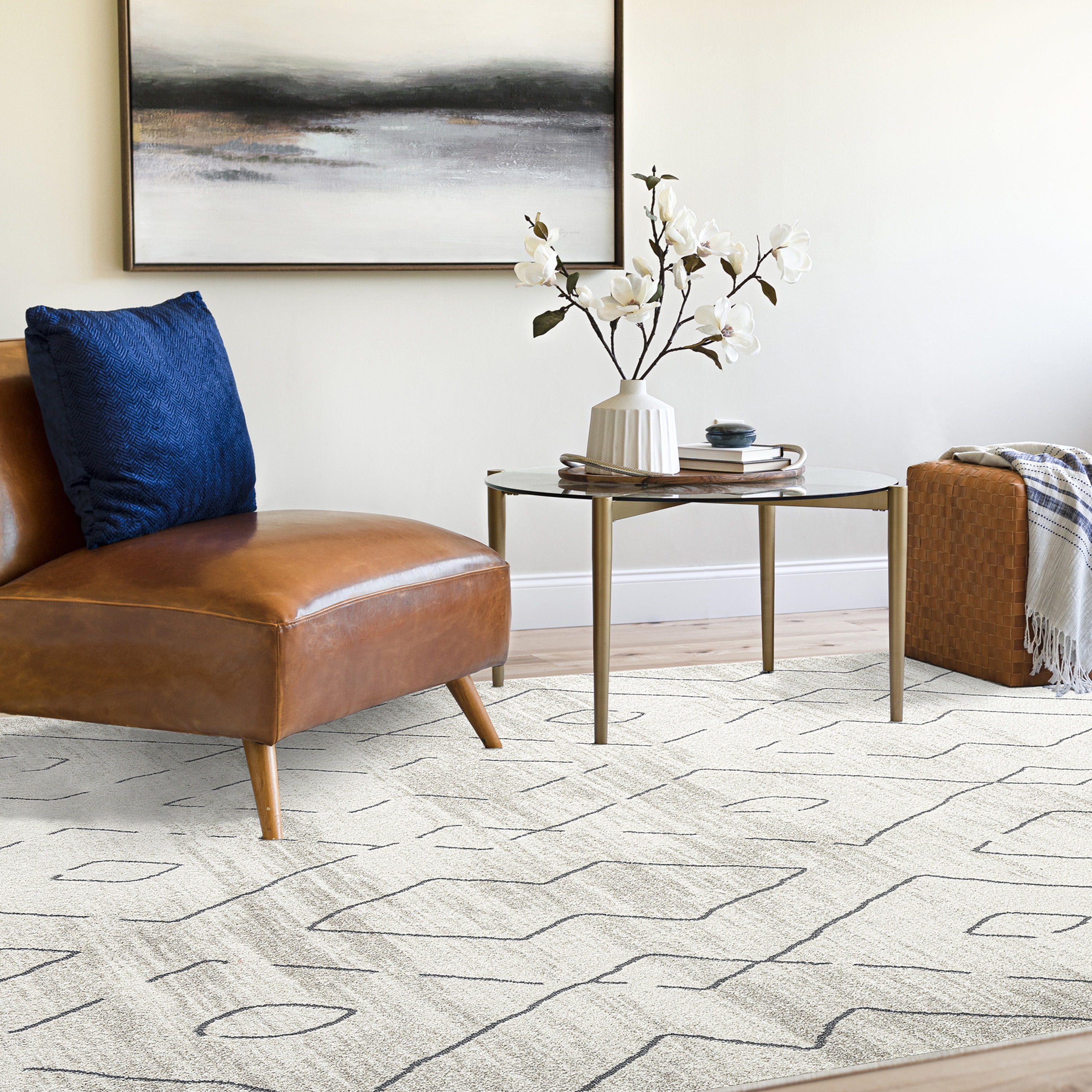 Contemporary 9x12 Area Rug (8'10'' x 12'2'') Geometric Cream, Gray Living Room Easy to Clean