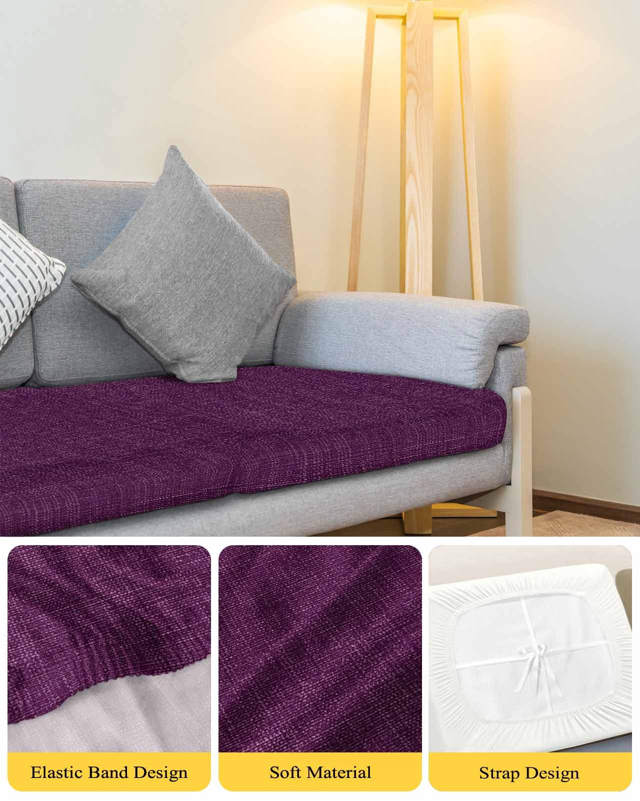Purple Burlap Texture Couch Cushion Covers Stretch, Washable Sofa Seat Covers Individual Seat Cushion Sofa Slipcovers Farmhouse Vintage Purple Couch Cover Furniture Protector S-3PCS
