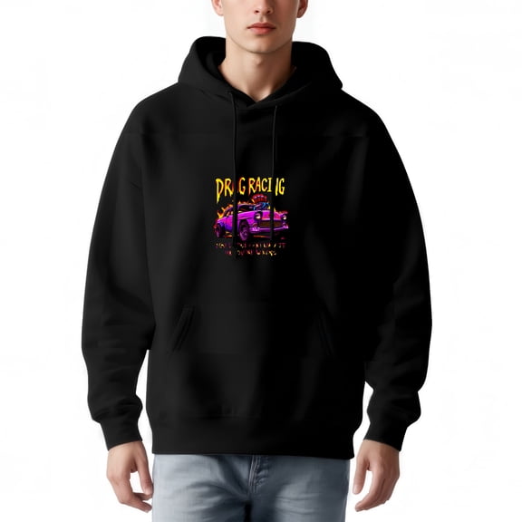 Men's Long Sleeve Hoodie Pullover with Pockets - Colorful Drag Racing Graphic Pink Car with Flames Bold Text Design