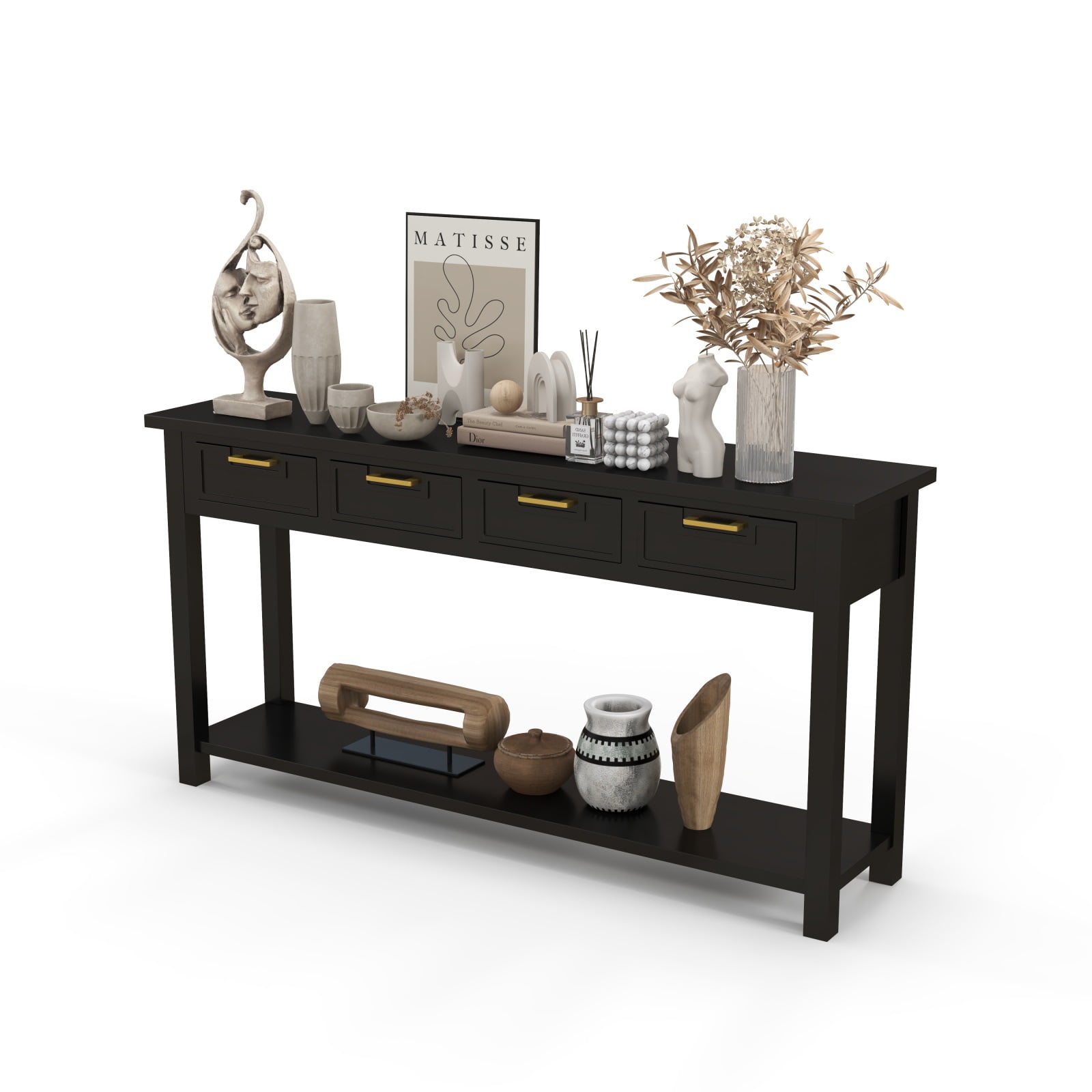Kinsuite Black Entryway Table with 4 Drawers - Modern Console Table with 1 Bottom Shelf Living Room Furniture Wood Hallway Table Entryway Table for Living Room Bedroom Kitchen, Black