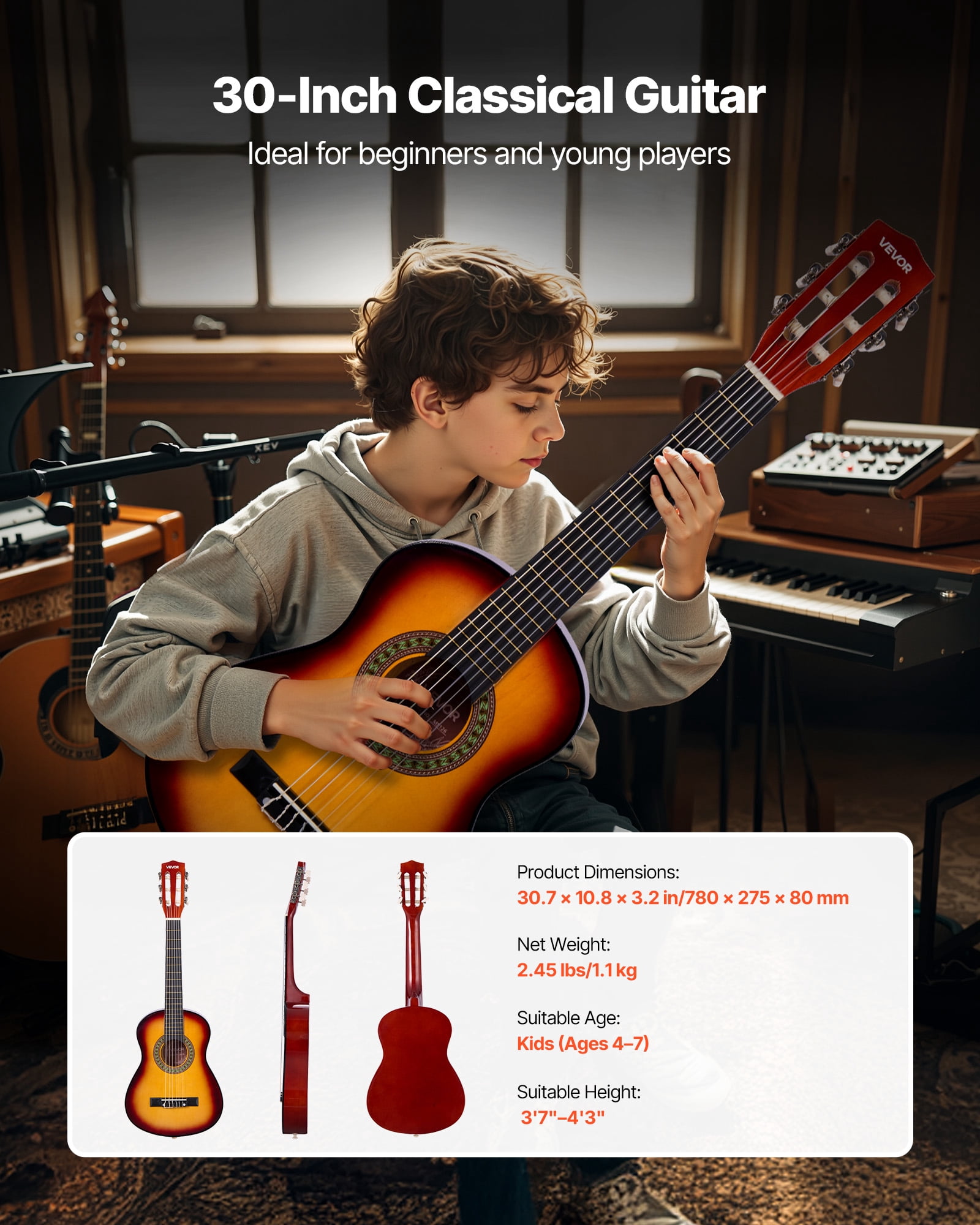 VEVOR 30in Classical Guitar,Wood Guitar Starter Kit for Beginners, with Nylon Strings, Gig Bag, Strap, Tuner, Extra Strings, Pick, Capo, Basswood,for Kids Girls Boys Students, Sunburst