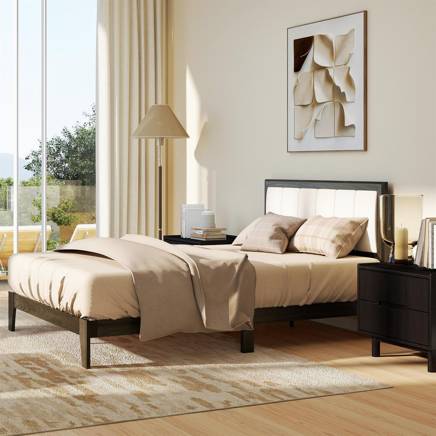 Demi Bonn Full Size Bed Frame with Headboard, Wood Slats & Modern Platform Style Without a Box Spring, Gray