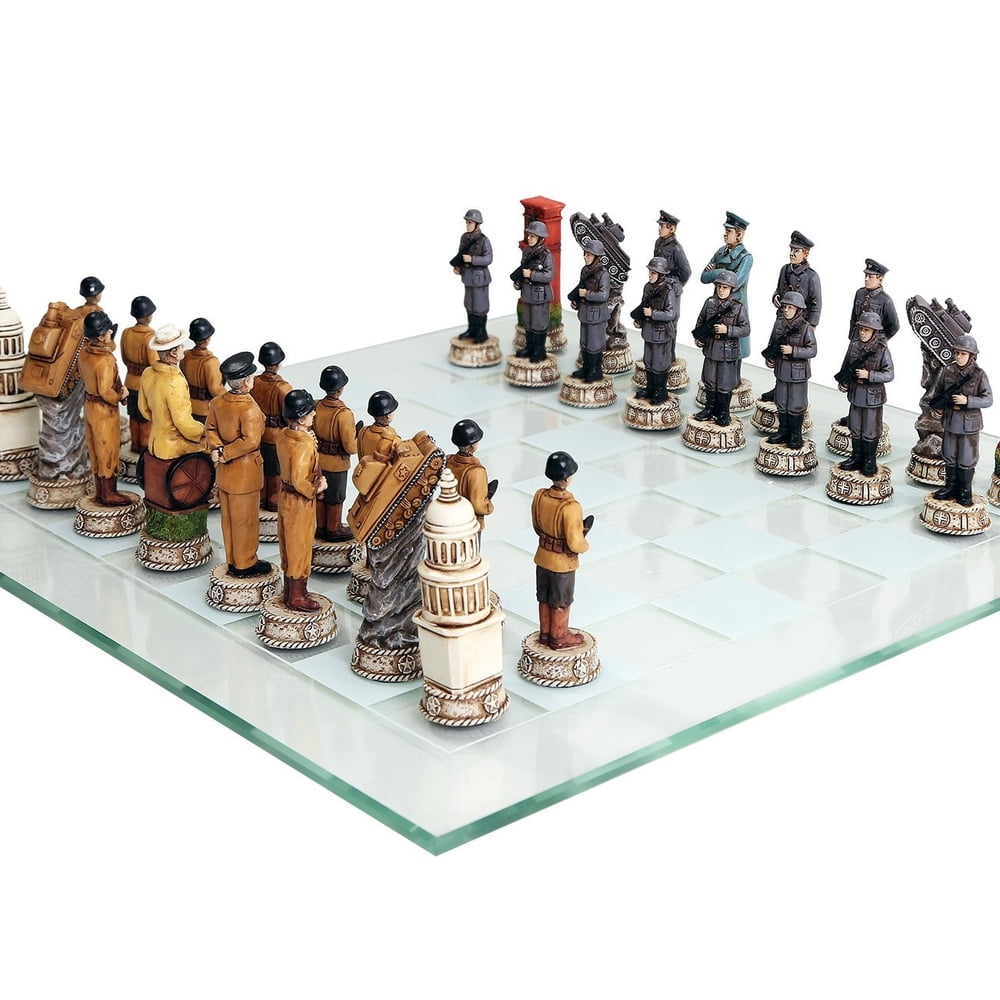 World War 2 Themed Chess Set US Vs Germany Hand Painted With Glass 