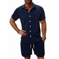 thumbnail image 4 of Men'S Waffle Knit 2-Piece Outfit with Button Down Shirt and Shorts for Summer Navy Blue S, 4 of 6