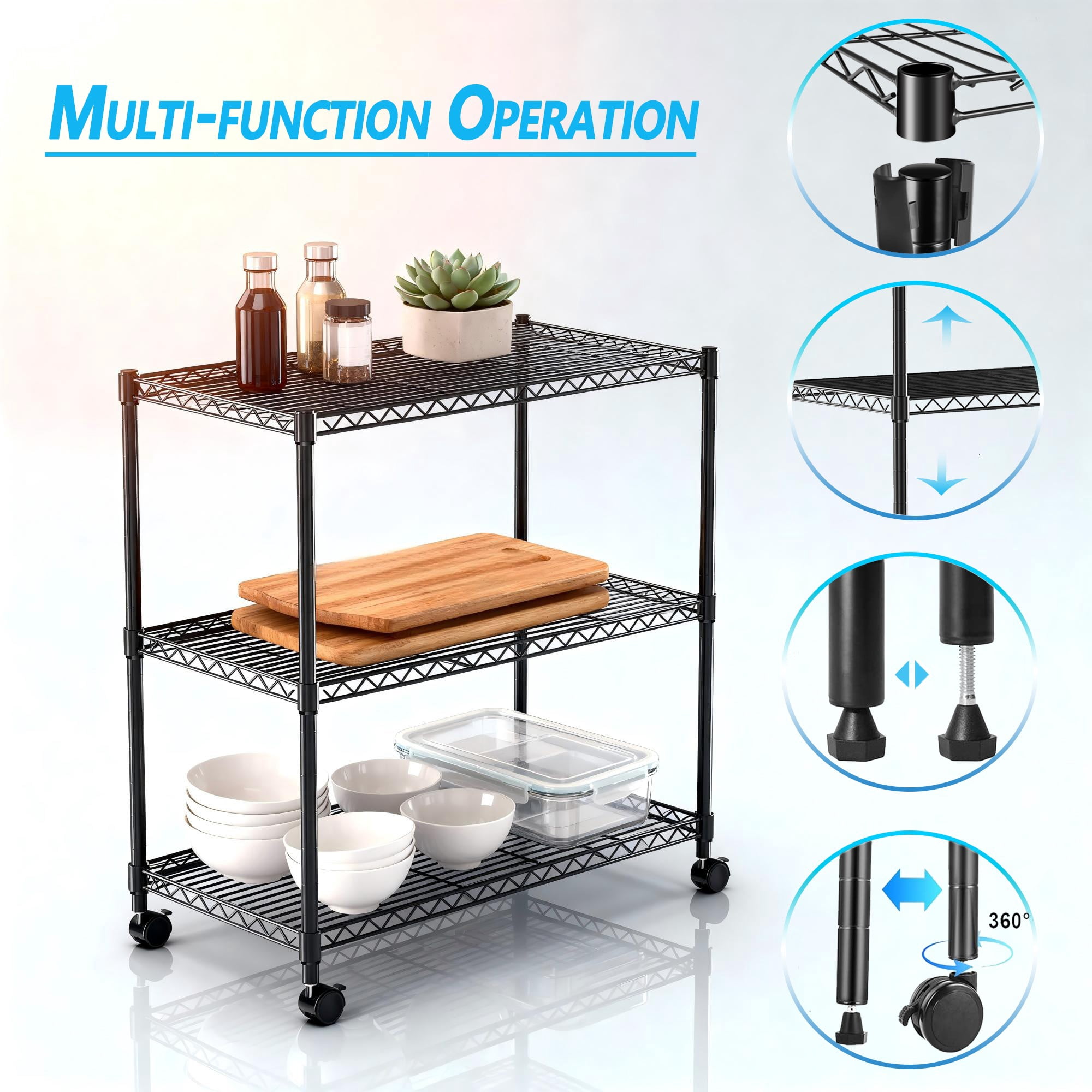 Jopath 3-Tier Shelving Storage Shelves,Steel Organizer Wire Rack with Wheels,Adjustable Storage Units,23" W x 13" D x 30" H,Black
