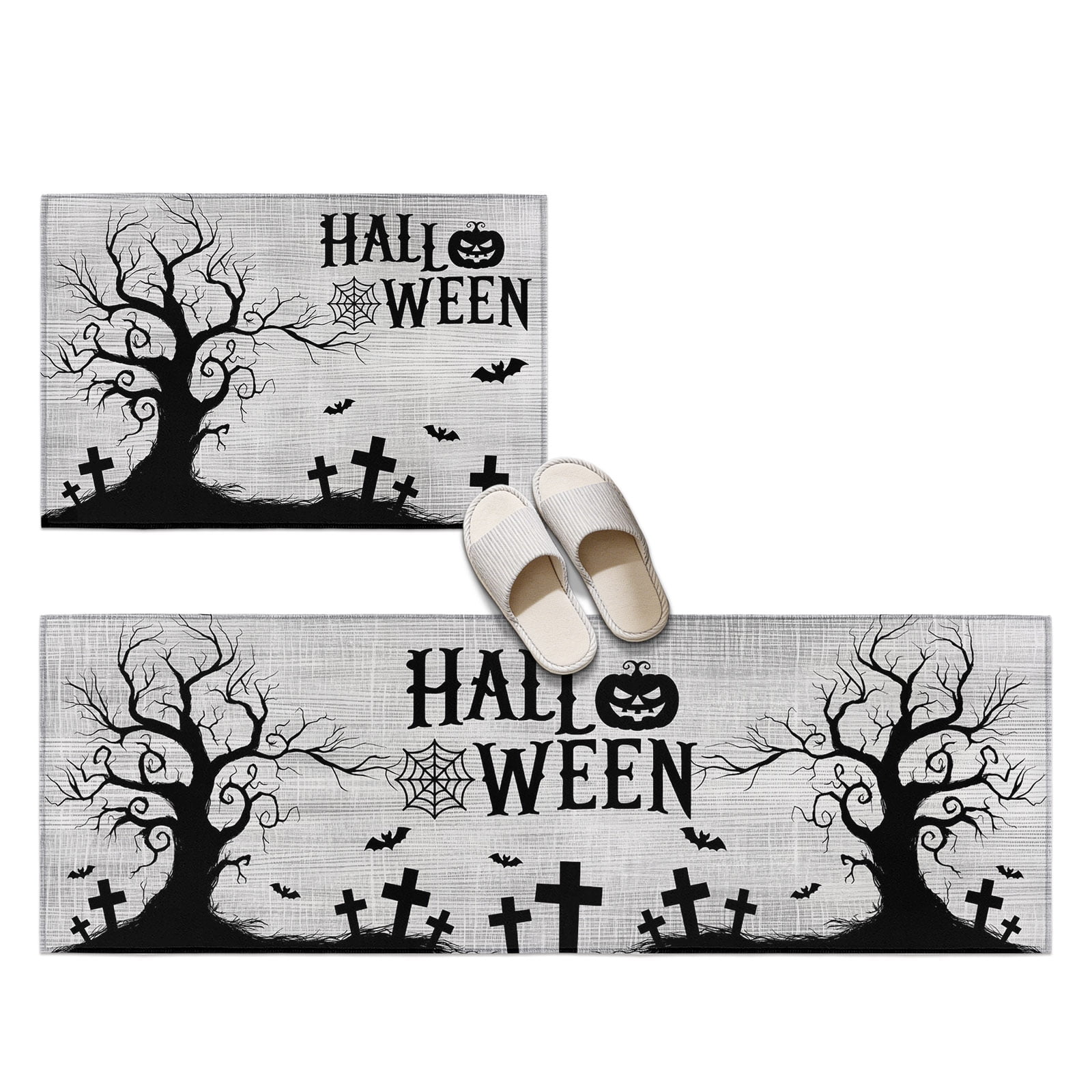 Hallo Halloween 2 Pieces Non-Slip Kitchen Mat Set, Spooky Gnarled Tree Flying Bat Graveyard Hill Gray Soft Door Mat with Rubber Backing, Dirtproof Rugs for Entrance Doorway, 23.6x35.4in+23.6x70.9in