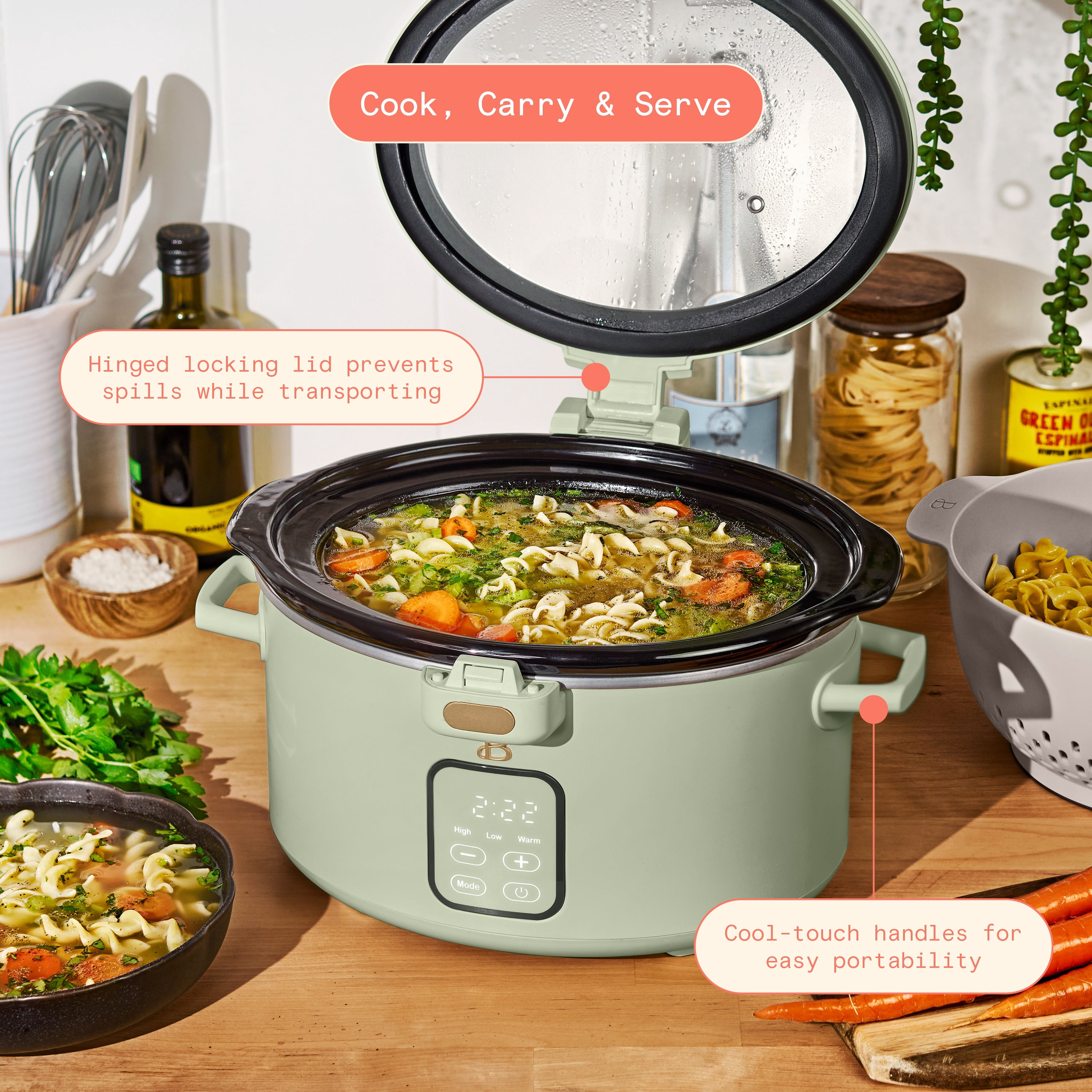 Beautiful 4 Qt Digital Slow Cooker with Hinged Locking Lid, Sage Green by Drew Barrymore