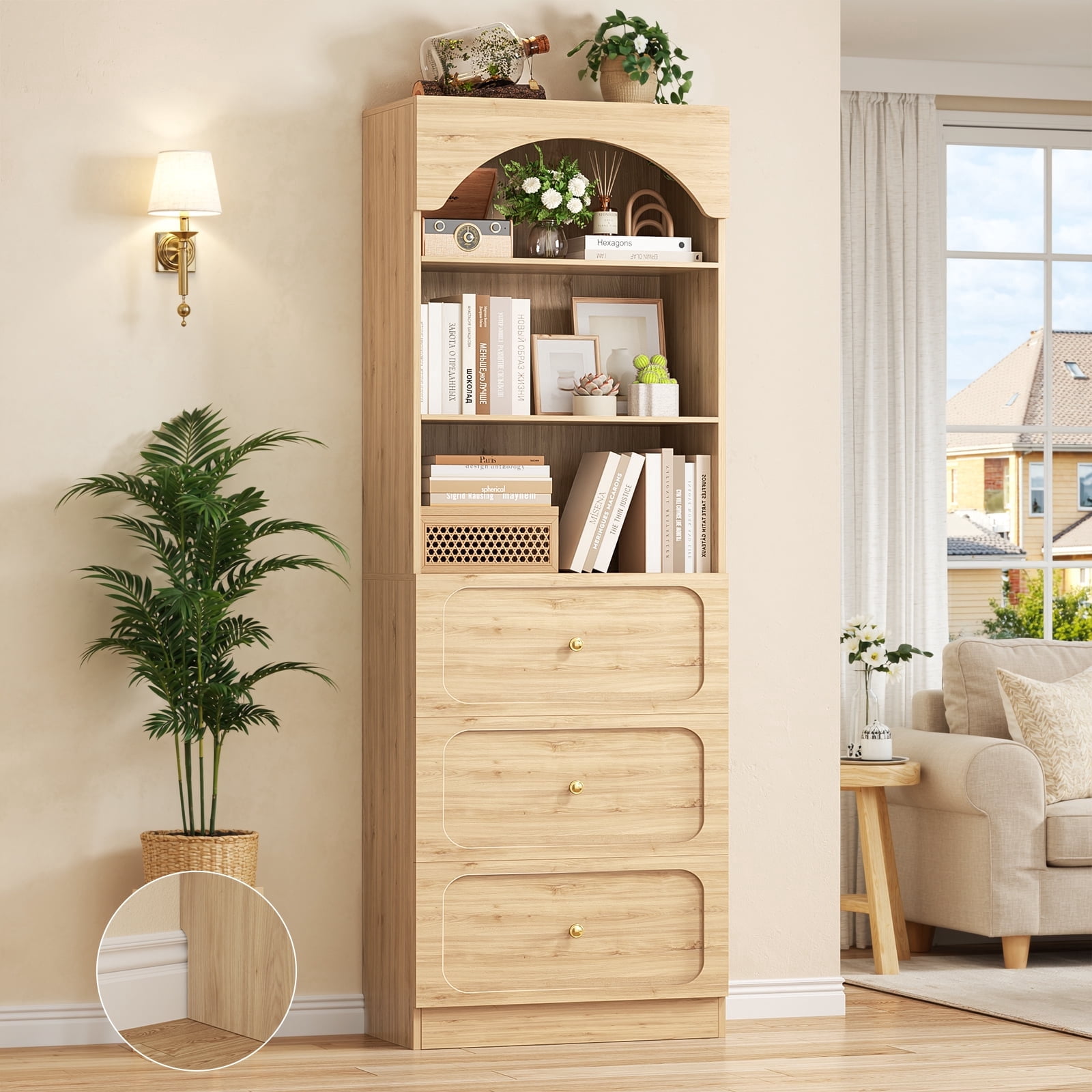 Homieasy 80" Tall Arched Bookcase with 3 Drawers & 3 Open Shelves - Wooden Storage Cabinet for Living Room, Kitchen, Office,Brown
