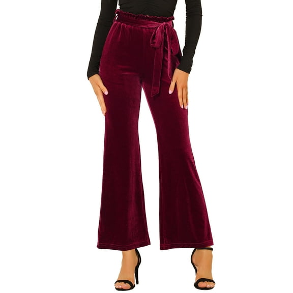 INSPIRE CHIC Women's Christmas Velvet Pants Halloween Tie Waist Stretchy Wide Leg Pants with Pockets XS Burgundy