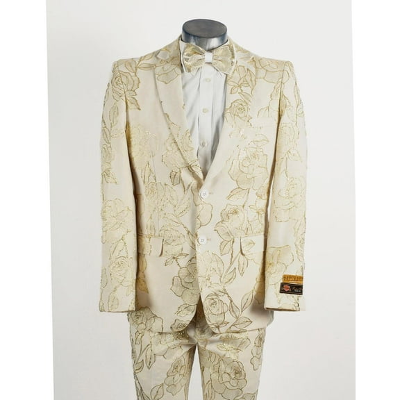 Mens 2 Button Ivory & Gold Foil Floral Paisley Prom & Wedding Tuxedo