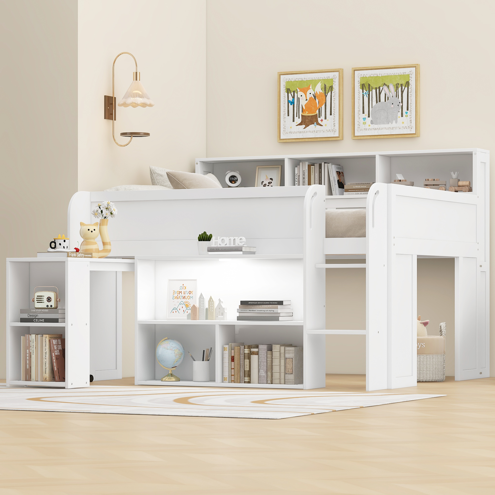 Euroco Wood Full Size Loft Bed with Storage Shelves Desk and LED Light, White