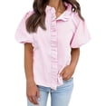 thumbnail image 6 of QASIEATN Ladies' Puff Sleeve Button Up Tops Summer Striped Stand Up Collar Fashionable Casual Loose Short Sleeved T Shirt, 6 of 7