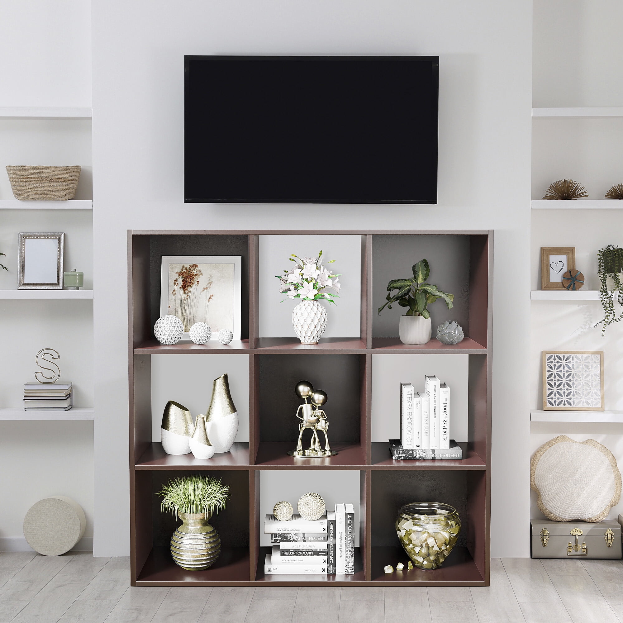 HomGarden 3-Tier 9 Cube Storage Organizer, Wood Bookcase Cabinet Bookshelf Espresso