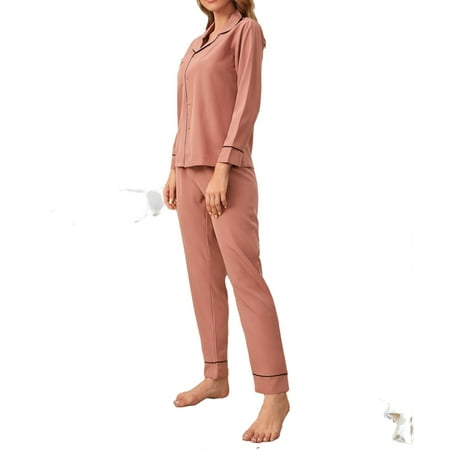

Long Sleeve Casual Plain Button Front Pant Sets Lapel Women s Pajama Sets