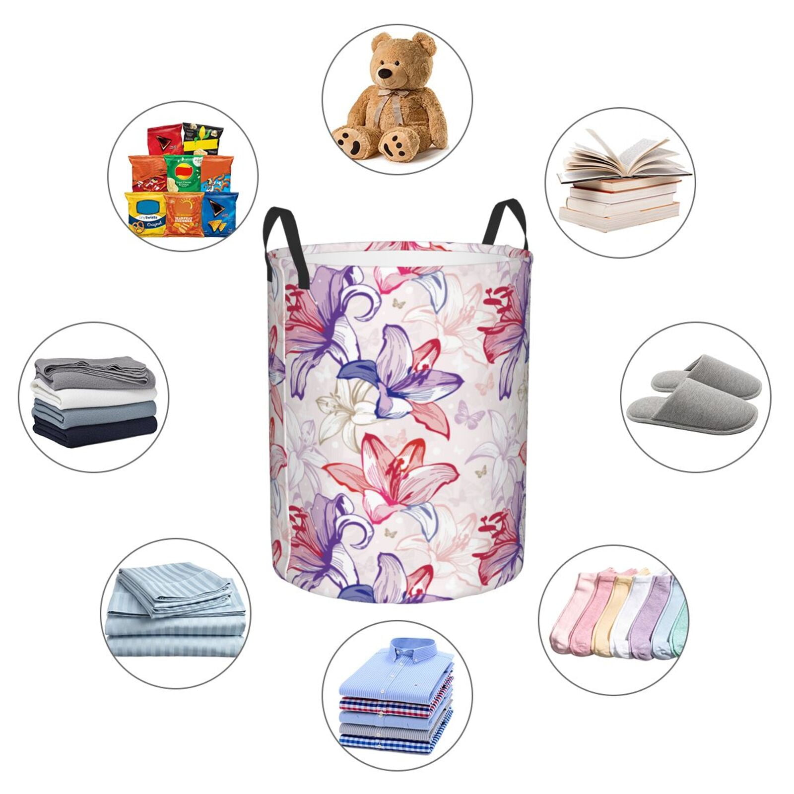 Large Laundry Basket with Handles - Lilies Flowers Colorful Kids Baby Dirty Clothes Laundry Hamper for Bedroom Aesthetic