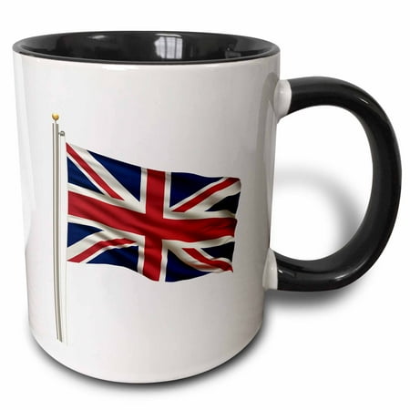 3dRose Flag of the United Kingdom on a flag pole over white Uk Great Britain British, Two Tone Black Mug, 11oz