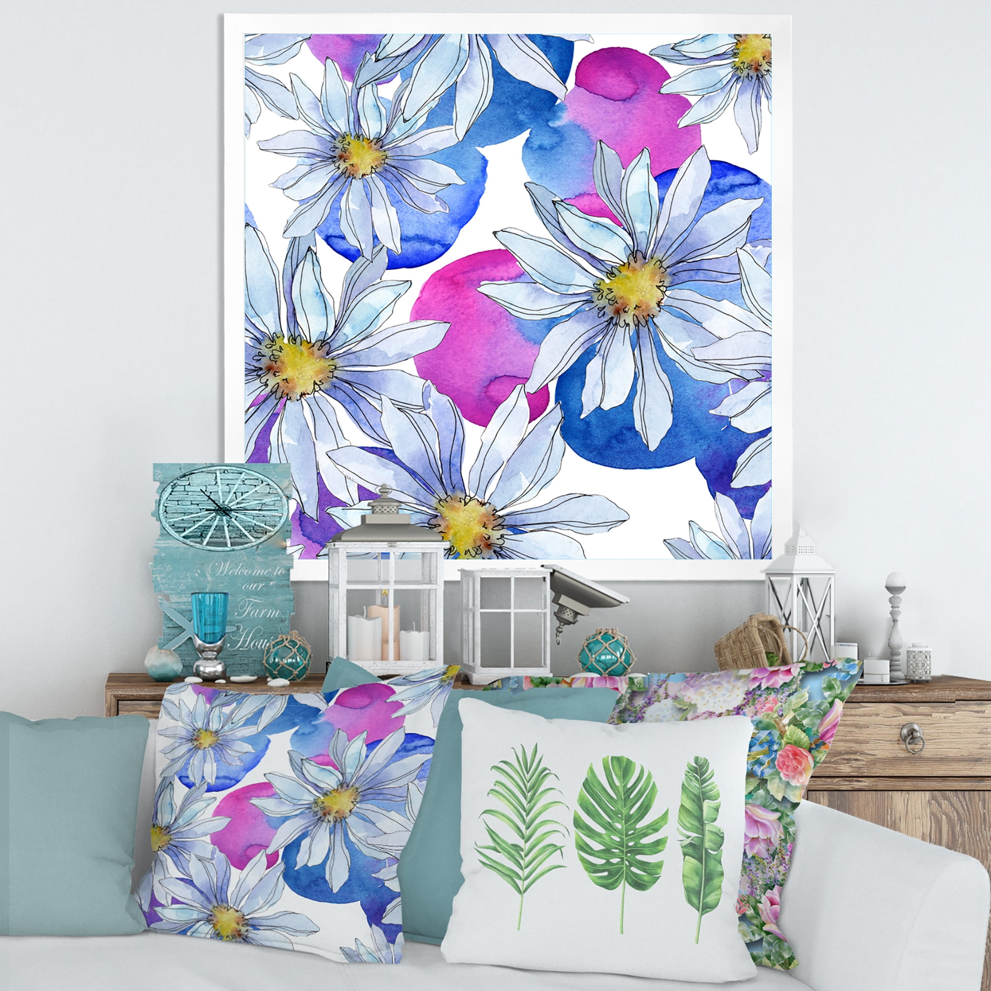 Designart 'Daisies On Red and Blue Backgorund' Traditional Framed Art Print