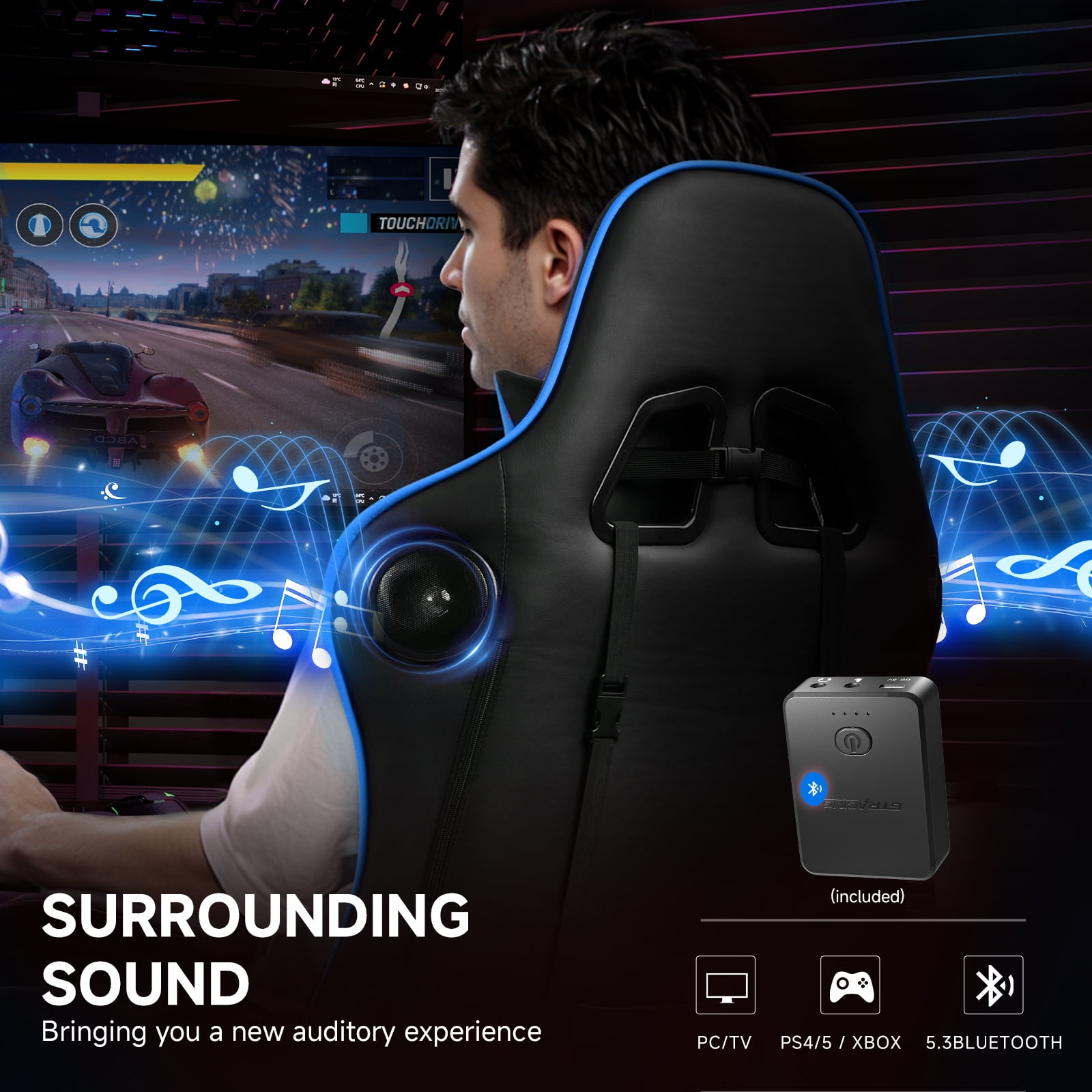 GTPLAYER Gaming Chair with Bluetooth Speakers Footrest PU Leather Music Office Chair, Blue