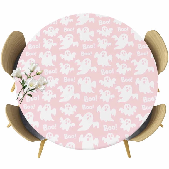 Halloween Ghosts Round Tablecloth, Fitted Table Cover with Elastic for 55"-60" Round Tables, Fall Horror Spooky Textured Pink Table Cloth Outdoor Indoor Dinning Party Waterproof Tablecloths