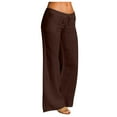 thumbnail image 2 of Brown Sweatpants Women Casual Solid Cotton Linen Elastic Waist Drawstring Long Wide Leg Pants, 2 of 6