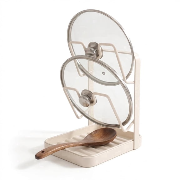 Pot Lid Holder Rack – Vertical Organizer with Removable Drip Tray, Holds Lids & Utensils, No Assembly, White