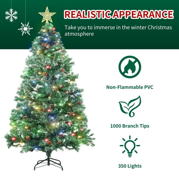 EDTara 6.5ft PVC Christmas Tree with 1000 White Painted Flat Head Branches, 80 Natural Pine Cones, 350 LED 8-Mode Color Lights & Decorative Tree Top Star