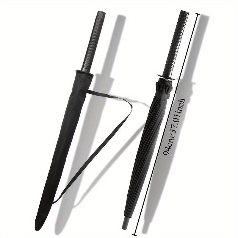 24-Rib Automatic Open Samurai Sword Cane Umbrella - Durable Plastic Handle, Waterproof Nylon Canopy, Stylish Sun & Rain Protectio，Black