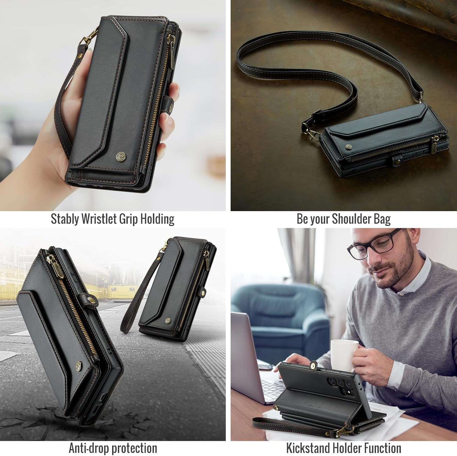 KOMI for Samsung S24 Ultra Case with RFID Blocking for Samsung Galaxy S24 Ultra Wallet Case for Women Men, PU Leather Magnetic Flip Strap Zipper Card Holder Phone Case for Galaxy S24 Ultra Black