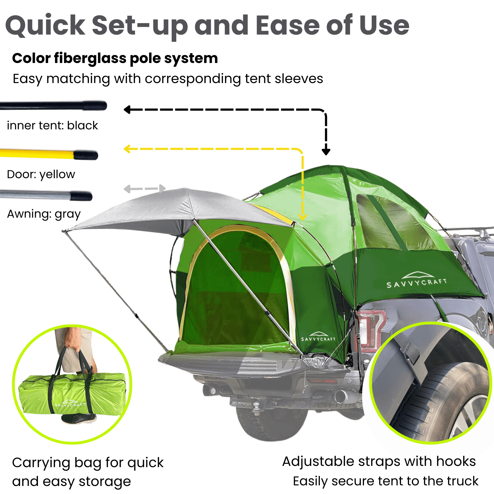 Savvycraft Pickup Truck Tent for Full Size Truck 8.0'-8.2' Long Bed, Waterproof P3000mm 2-Person Double Layer Truck Bed Tent Camping Tent, Expandable Awning, Rainfly, Storage Bag Included Green