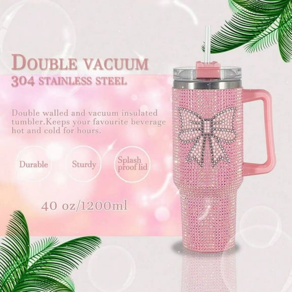 REZJSWFSMMJ 40oz Stainless Steel Car Cup with Diamond Sparkle Insulated Tumbler, with Handle & Straw, Suitable for Car, Travel, Birthday Gift, Valentine's Day Gift