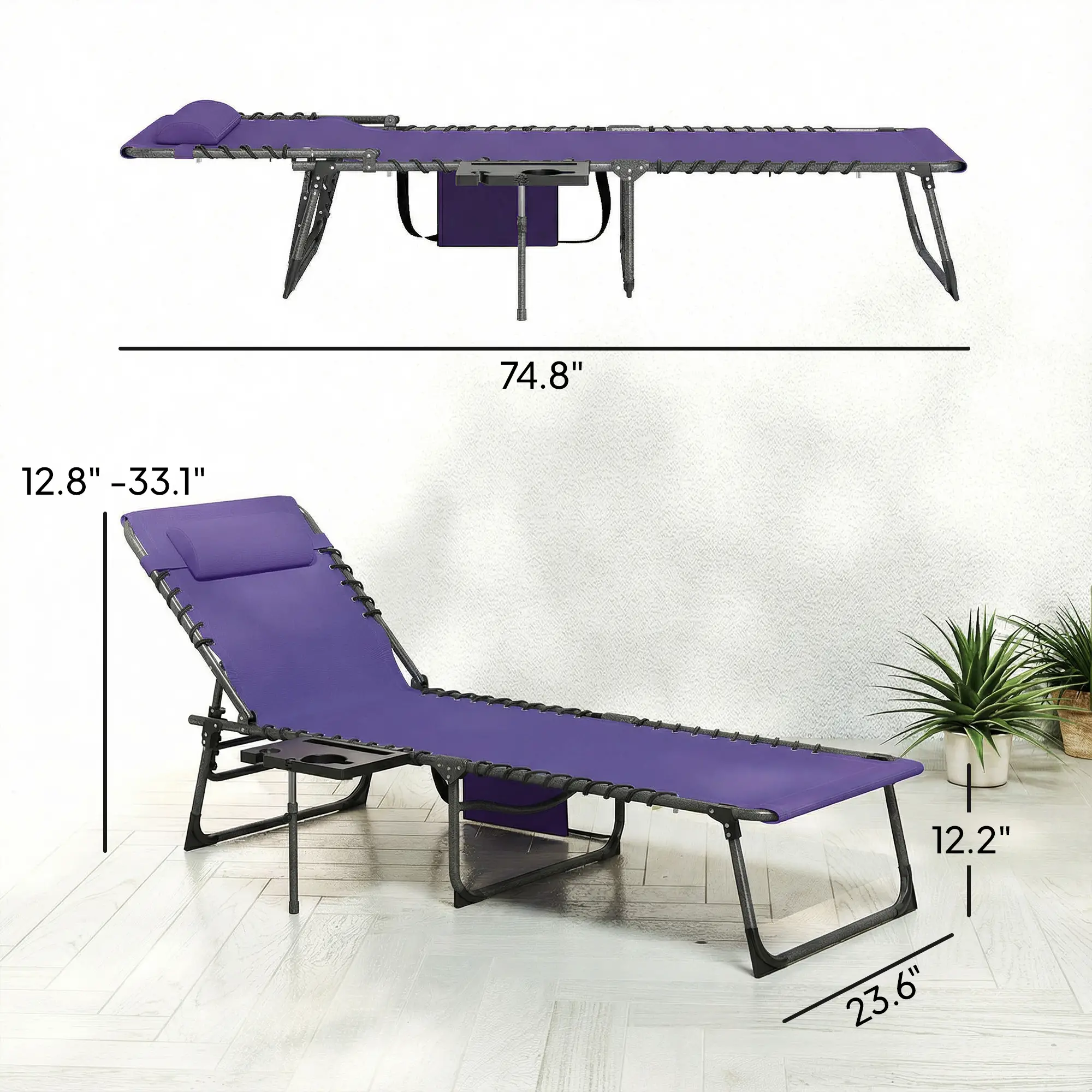 Outdoor Folding Sun Lounger 5-Position Adjustable Recliner with Padded Head Pillow Side Pocket & Tray Table 600D Oxford Fabric Heavy-Duty Pool Beach Chair