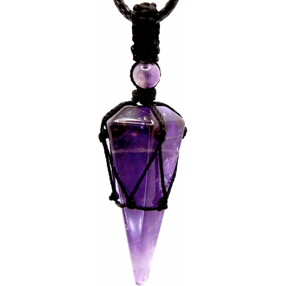 Amethyst Crystal Necklace for Men Women Mens Necklace Pendant Jewelry Healing February Birthstone Pointed Crystal Pendant with Adjustable Black Rope