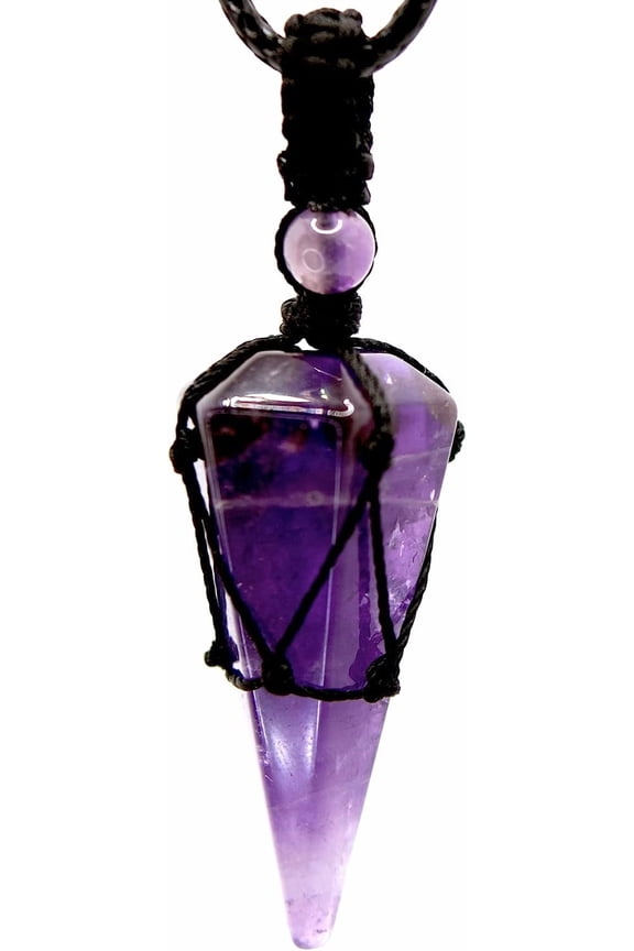 Amethyst Crystal Necklace for Men Women Mens Necklace Pendant Jewelry Healing February Birthstone Pointed Crystal Pendant with Adjustable Black Rope