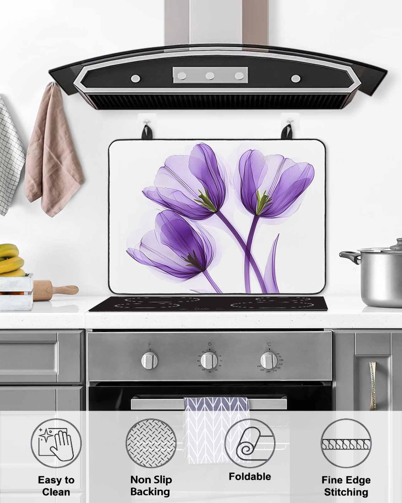 nqOlkjepod Large Induction Cooktop Protector Mat 24"x21", Luxury Purple Tulip Stove Top Covers for Electric Stove, Watercolor Spring Rustic Floral Stove Burner Cover Mats, Glass Top Stove Cover
