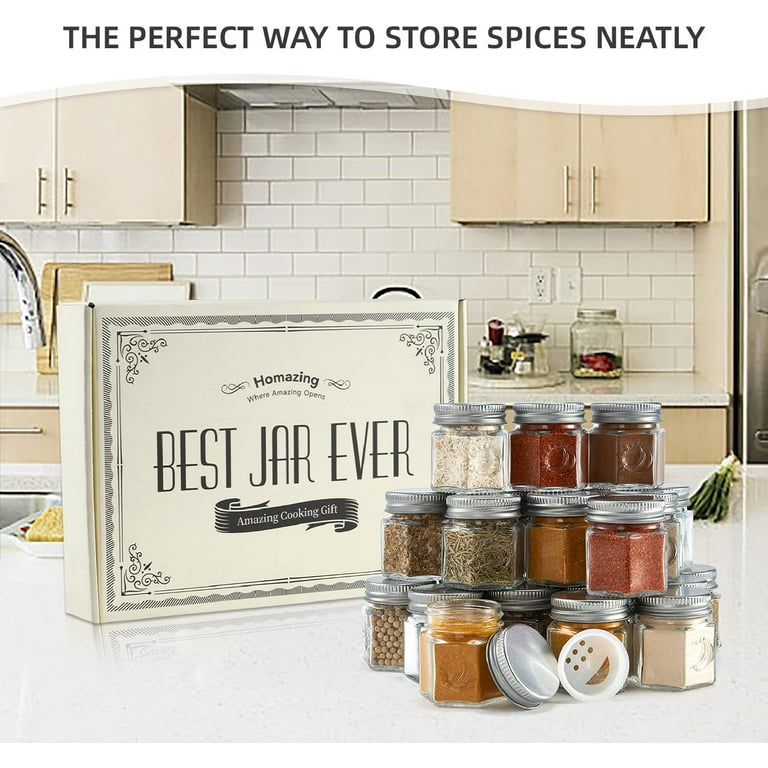 Set of 24 Magnetic Spice Jars for Refrigerator, Hexagon Glass