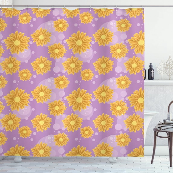 Aster Shower Curtain, Spring Flower Petals Fragrance Buds Summer Flourishing Meadow Beauty, Fabric Bathroom Set with Hooks, 69W X 70L Inches, Earth Yellow and Fuchsia, by Ambesonne