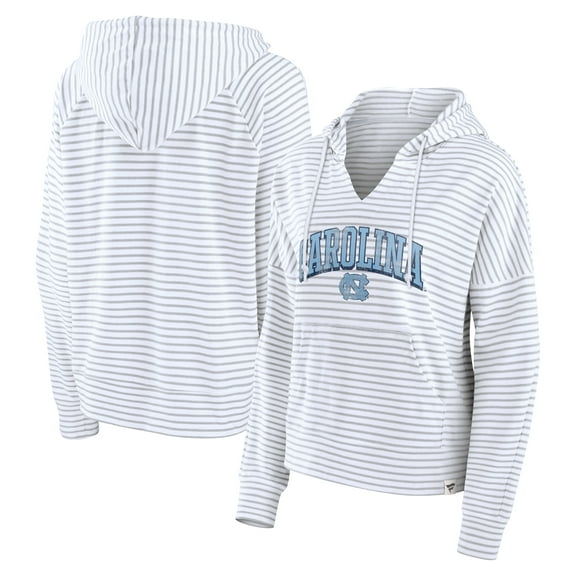 Women's Fanatics White/Gray North Carolina Tar Heels Arch Logo Striped Notch Neck Pullover Hoodie