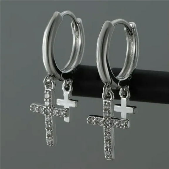 K-KED Women 925 Silver Filled Cross Cubic Zirconia Dangle Drop Hook Hoop Earrings-#2