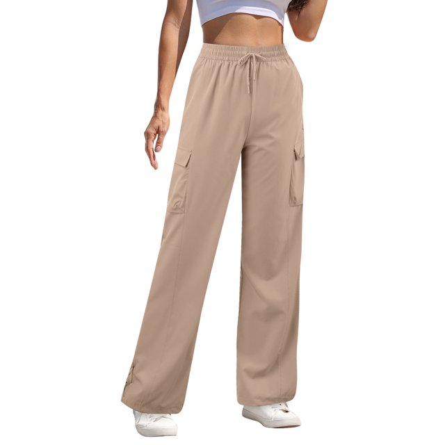 Gibobby pantalones termicos mujer Pantalones deportivos de secado rápido para mujer, ropa de trabajo ajustada de cintura alta, pierna ancha, informal, americano, para otoño, 2023 (Caqui, XL)