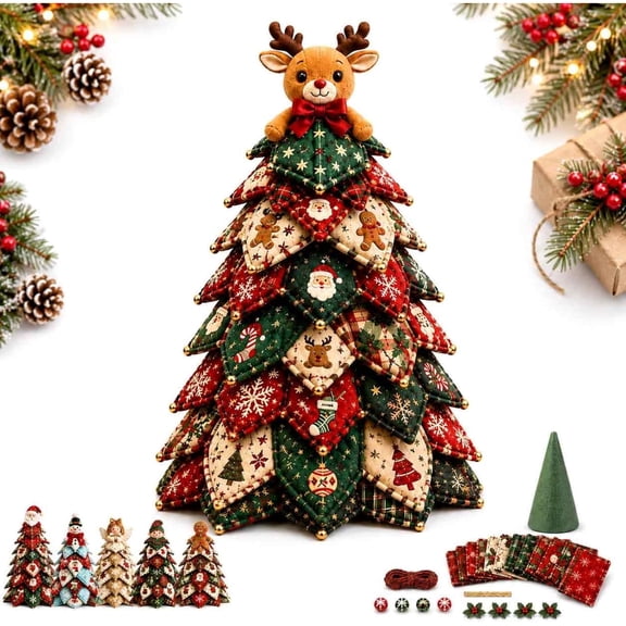 Clearance! DIY Quilted Christmas Tree Kit, 3D Fabric Patchwork Craft Set, Pre-Cut Fabric Pieces, Foam Cone Base, Layered Assembly, 6 Holiday Designs, Quilting Craft, Handmade Tabletop Decor