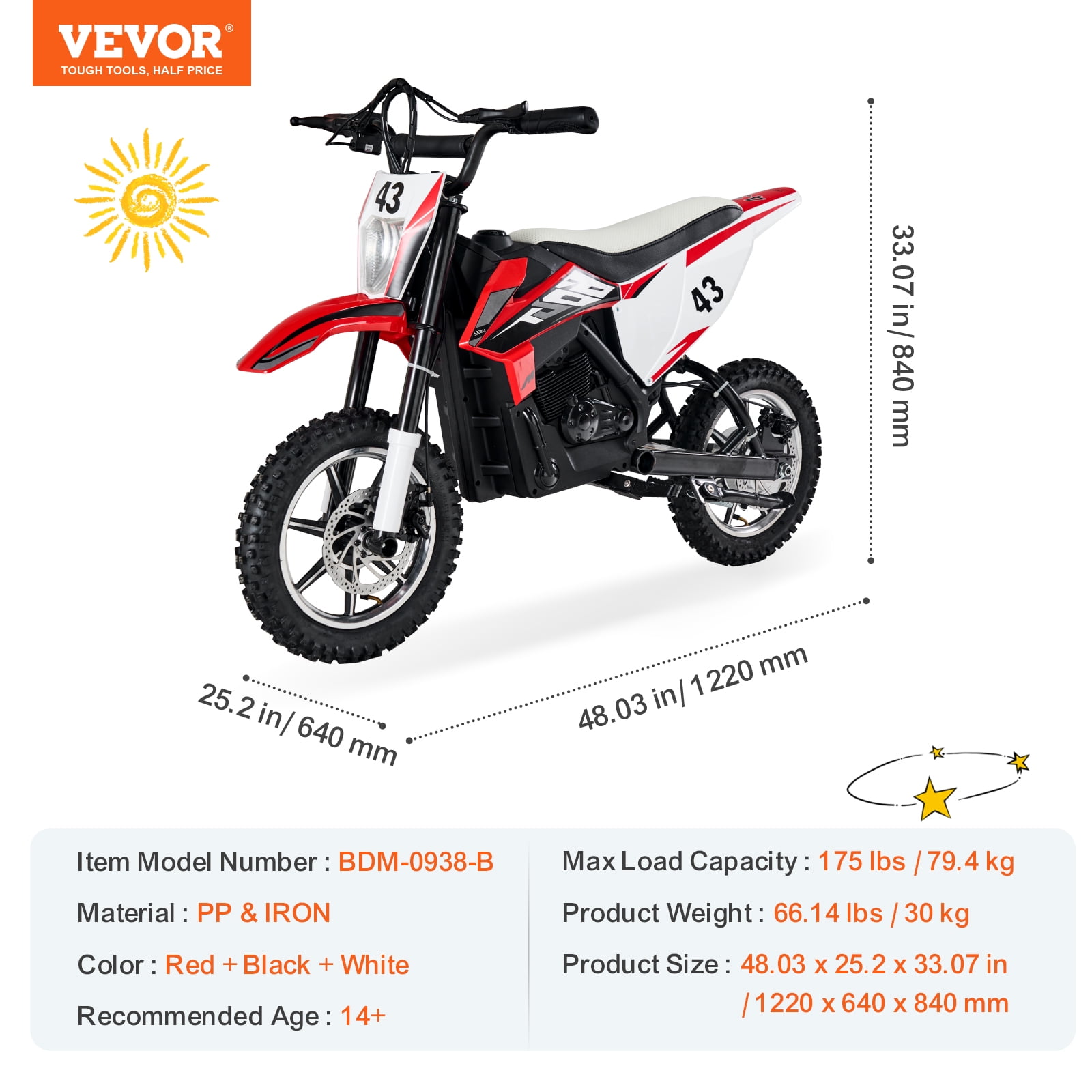 VEVOR Kids Ride On Motorcycle, 36V Battery Powered Electric Motorcycle with Speed Up to 15.5mph, Treaded Tires, LED Light, Battery Gauge,Dual Brakes,Ride on Toys for Children Boys Girls Aged 14+
