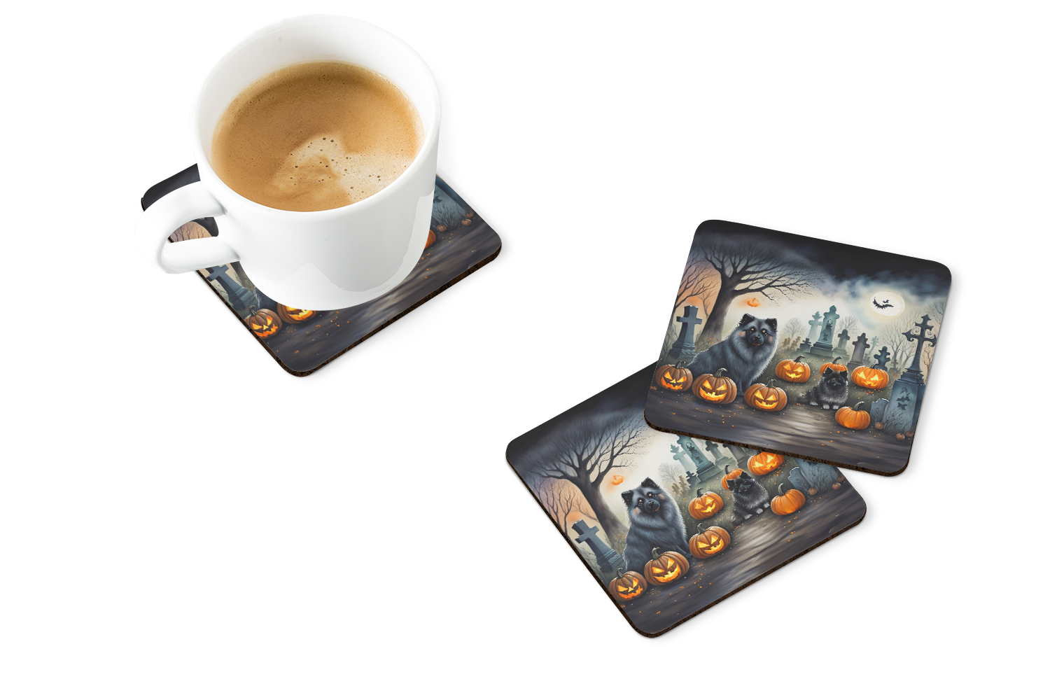 Keeshond Spooky Halloween Foam Coaster Set of 4 3.5 in x 3.5 in