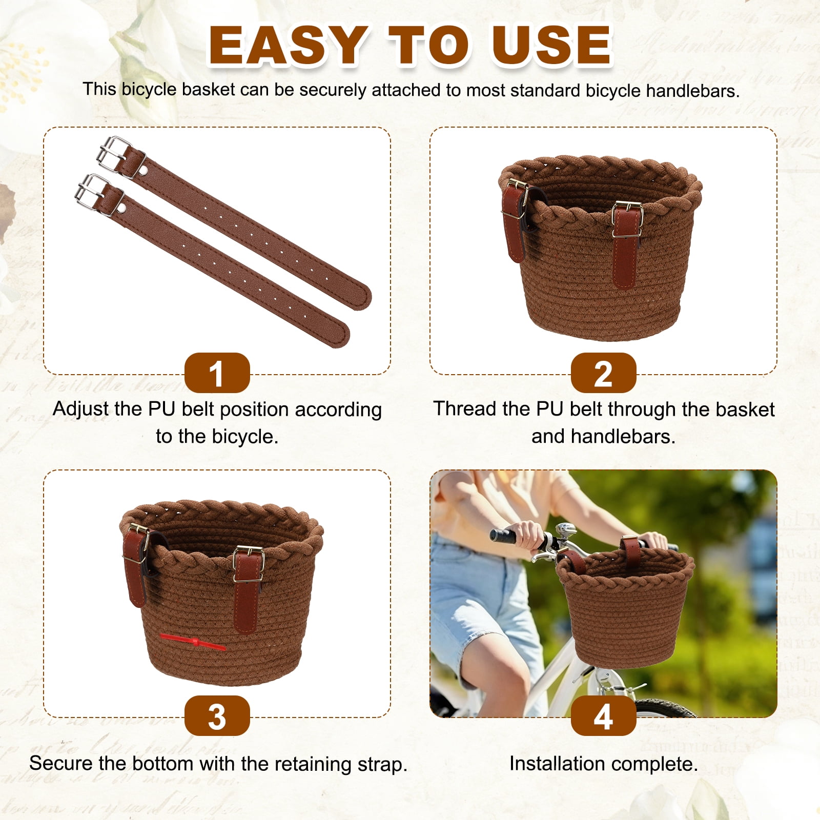Uxcell Bike Basket, Cotton Rope Bicycle Basket Adjustable Front Baskets with 2 Leather Belt Buckles Unisex Strong Load 8.8 x 6.7 x 6.5" & Dark Brown-Fitting For(Bikes/Tricycle/Scooters)