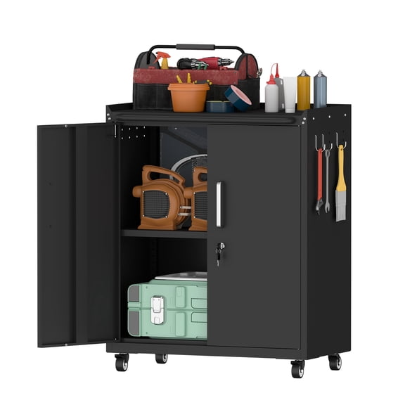 Rolling Storage Cabinet with Lock, Steel Tool Locker, 4 Adjustable Shelves
