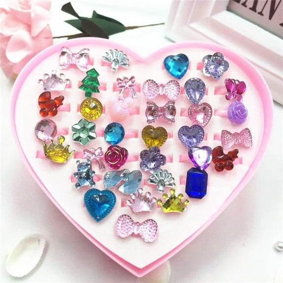 36Pcs Girls Kids Cartoon Flower Resin Rhinestone Rings Toy Set Jewelry Box Gift