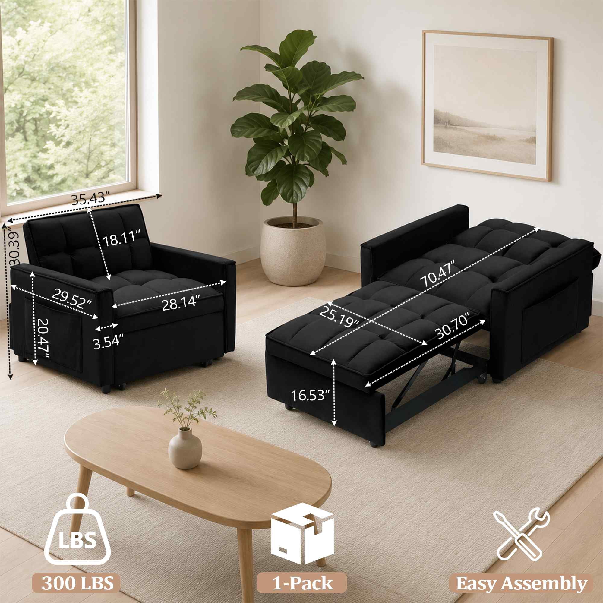 FFH Recliner Chair, Convertible Sofa Bed with Adjustable Backrest, Couch for Living Room, Bedroom, Black
