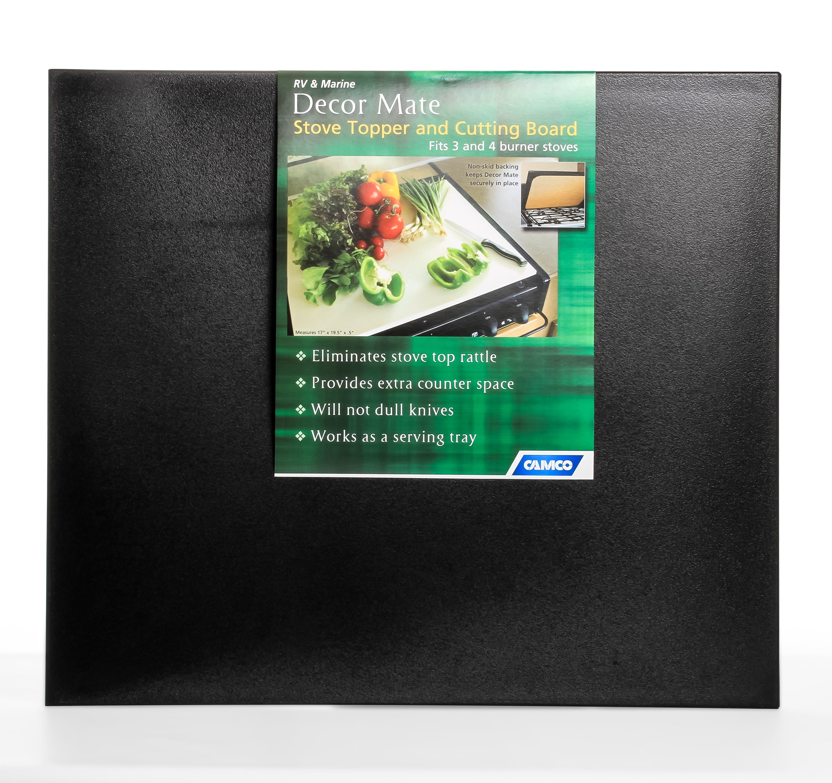 Camco 43704 Decor Mate Stove Topper and Cutting Board - Adds Much-Need Counter Space, Black