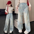 thumbnail image 2 of GobdXE Girls' Embroidered Wide Leg Denim Jeans with Elastic Waist Blue,13-14 Years, 2 of 9