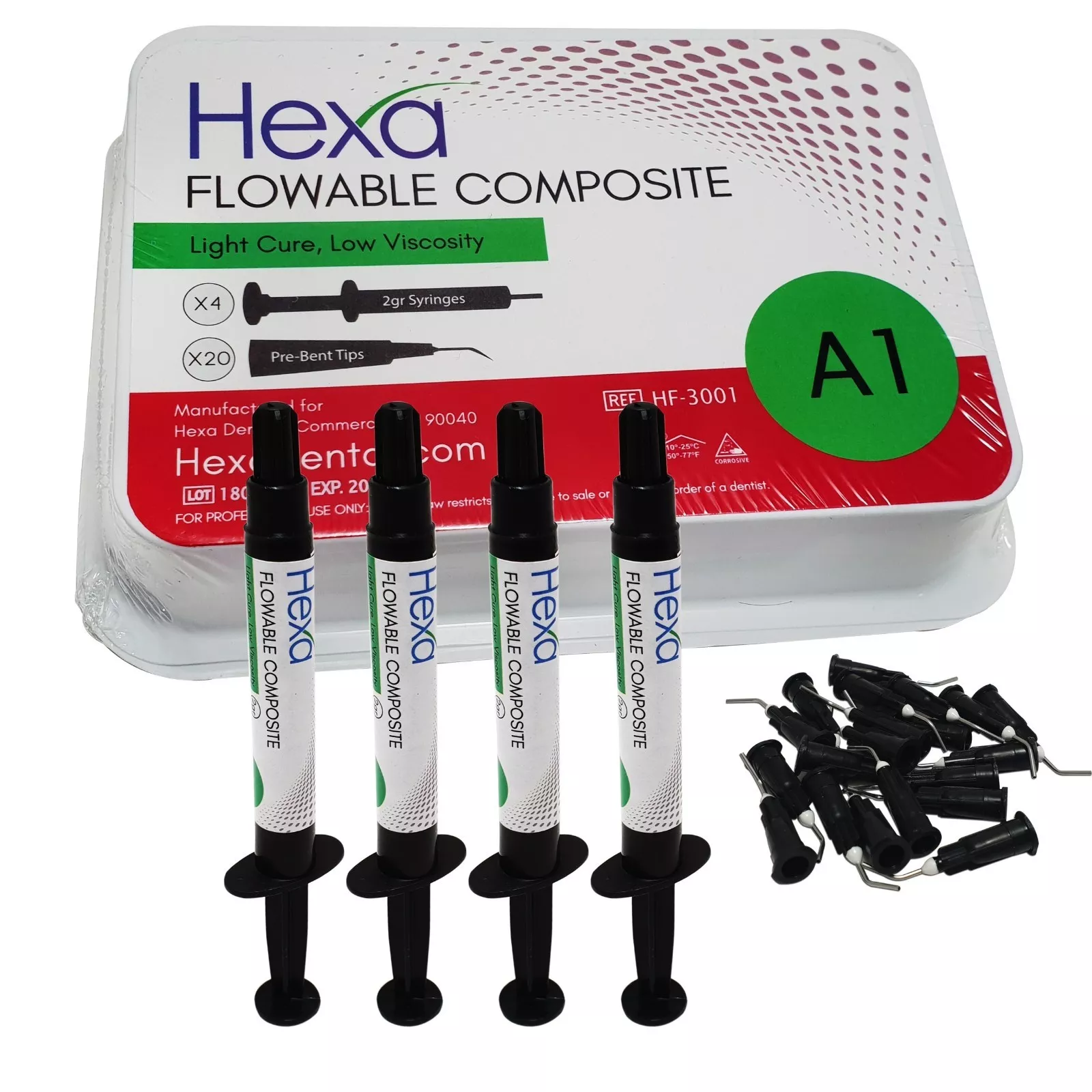 HEXA Light-Cure Flowable Composite – A2 Shade, 4 Syringes (2g Each) with Applicator Tips
